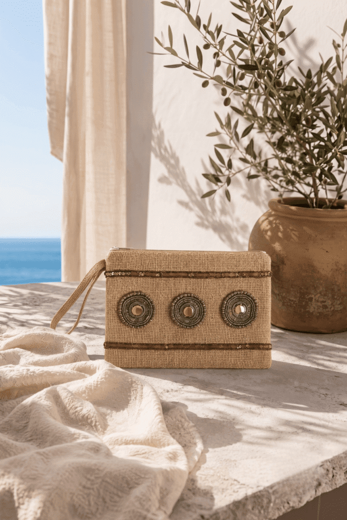 Hasır Dokulu Boncuk Detaylı Clutch Çanta